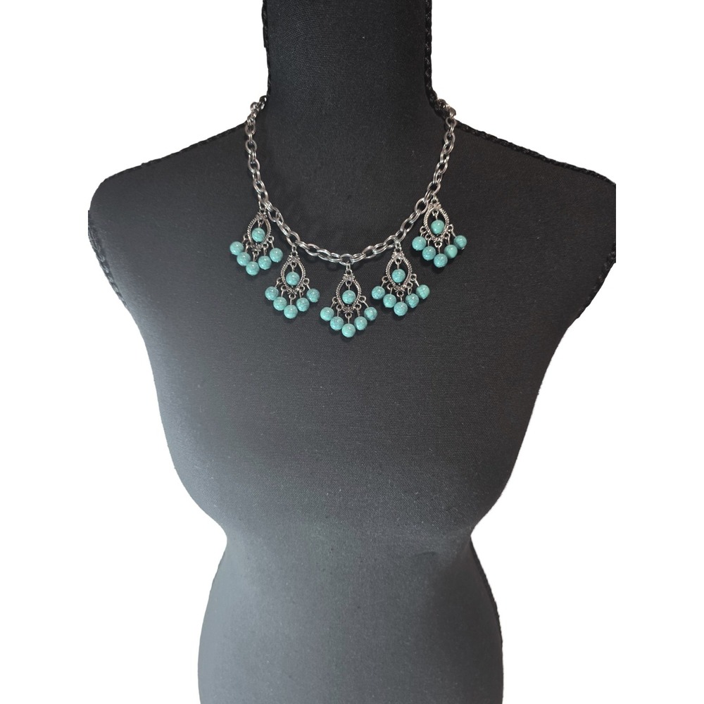 Vintage SouthWestern Cable Chain Necklace Turquoise Filigree Teardrop Charm Boho